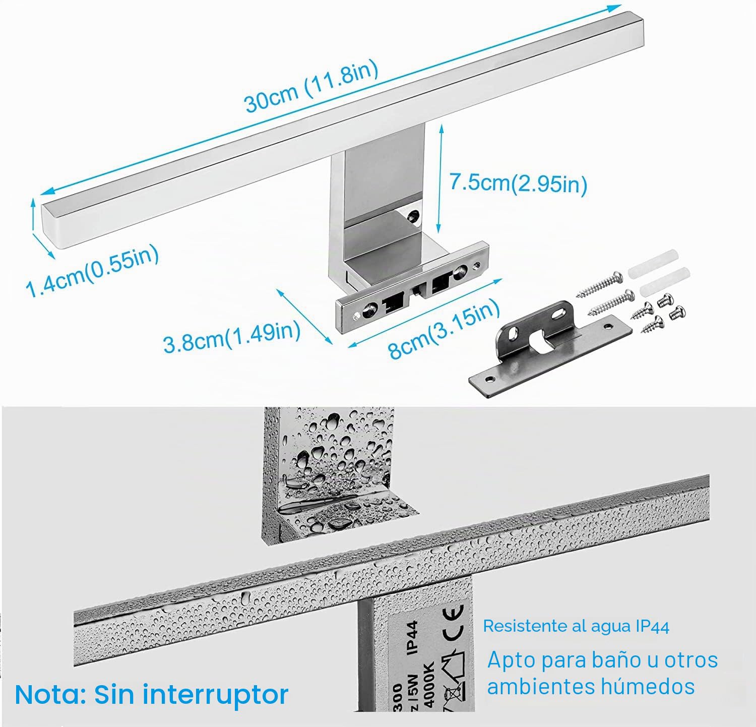 Lámpara de Espejo Baño LED 5W 30cm 400LM, Blanco Neutro 4000K LED Armario Lámpara Luz de Pared IP44 230V Aplique de Baño Espejo 300x14x14mm