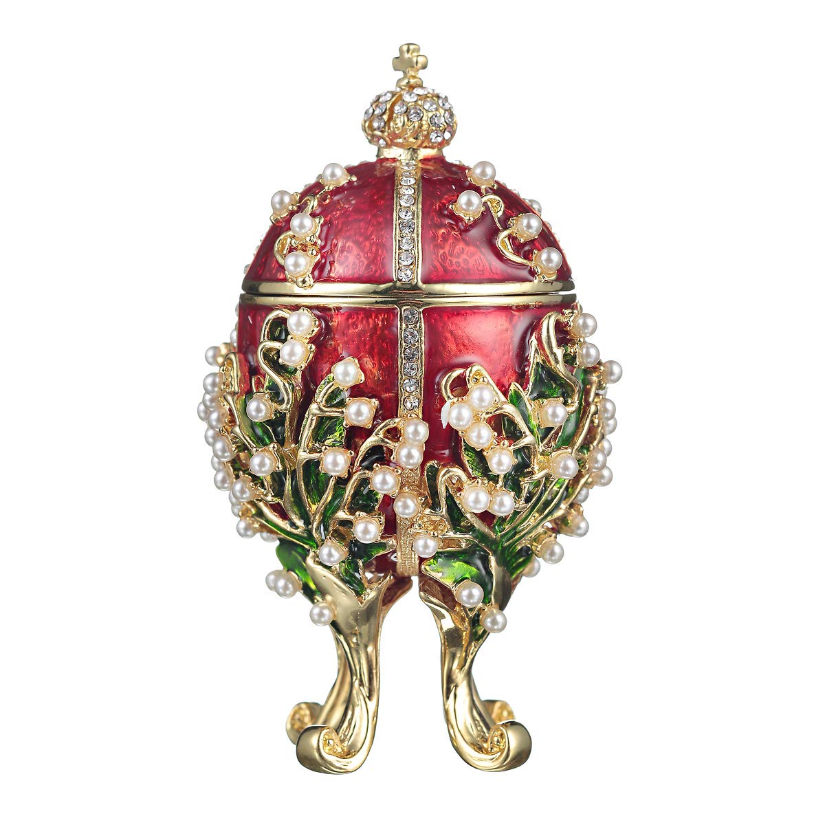 Fabergé-Stil Ei/Schmuckkästchen Maiglöckchen mit Kaiserkrone 8,5 cm rot