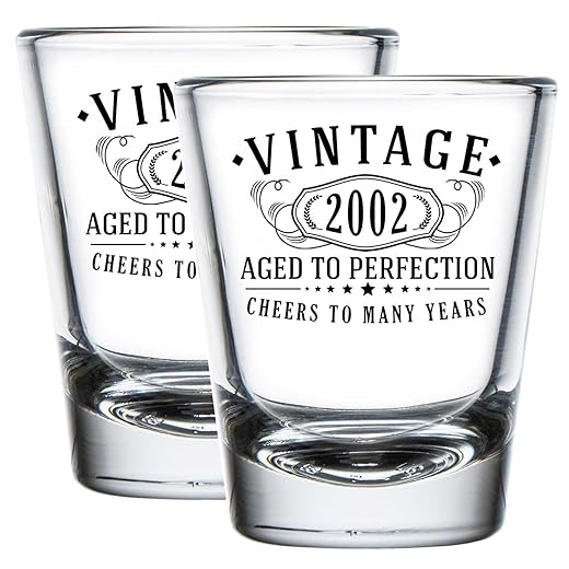 Vintage 2002 Printed 1.75oz 2pk Shot Glass Set – Happy 21st Birthday Gifts Women Men, Decorations for Her Him, Turning 21 Year Old Male Female Decor, 21st Bday Party Favors, Finally 21 Best Gift Ideas