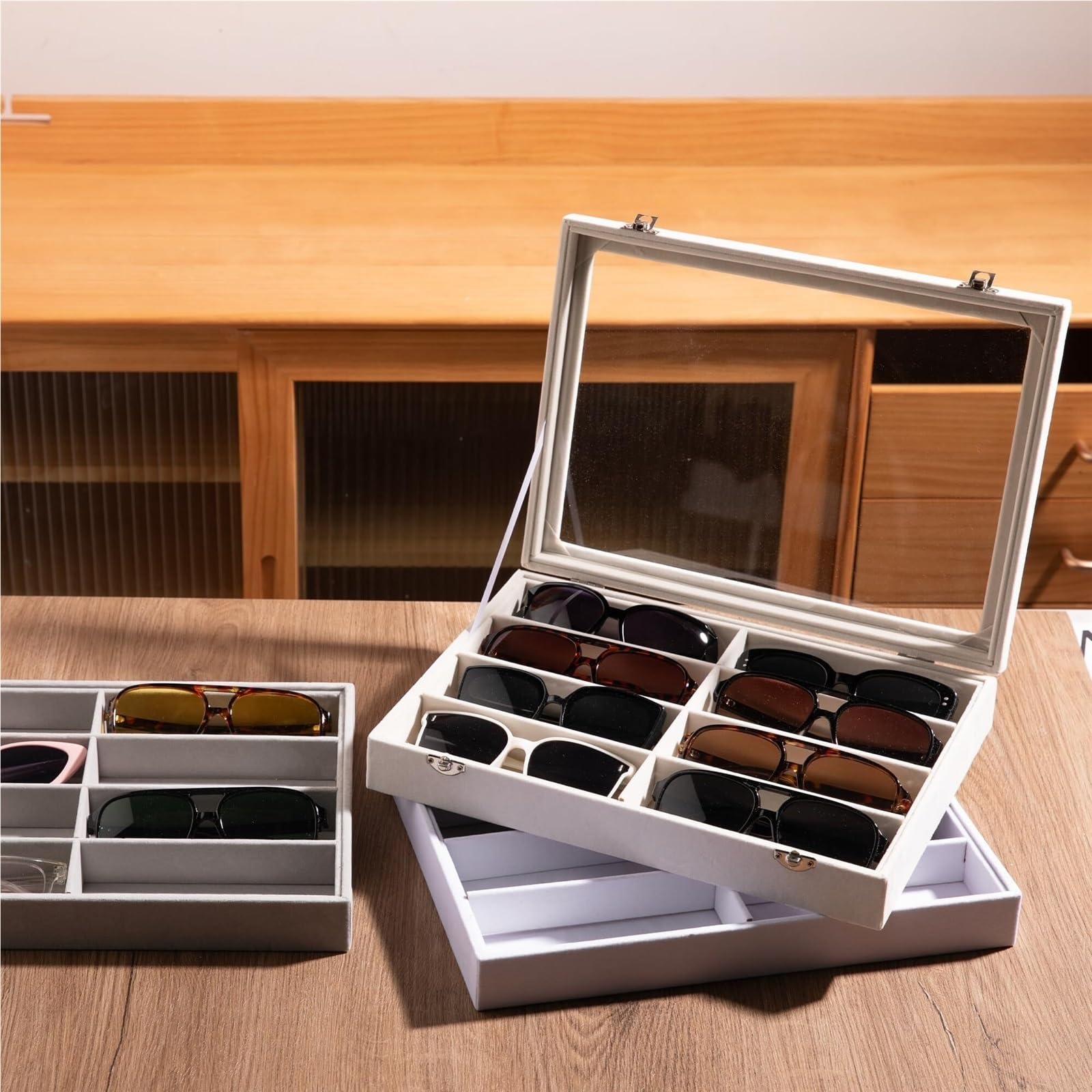 Sonnenbrillen Aufbewahrung Samt-Brillen-Organizer, 8-Fach-Sonnenbrillen-Tablett, Sonnenbrillen-Box Brillenständer für Uhren(Black,No lid)