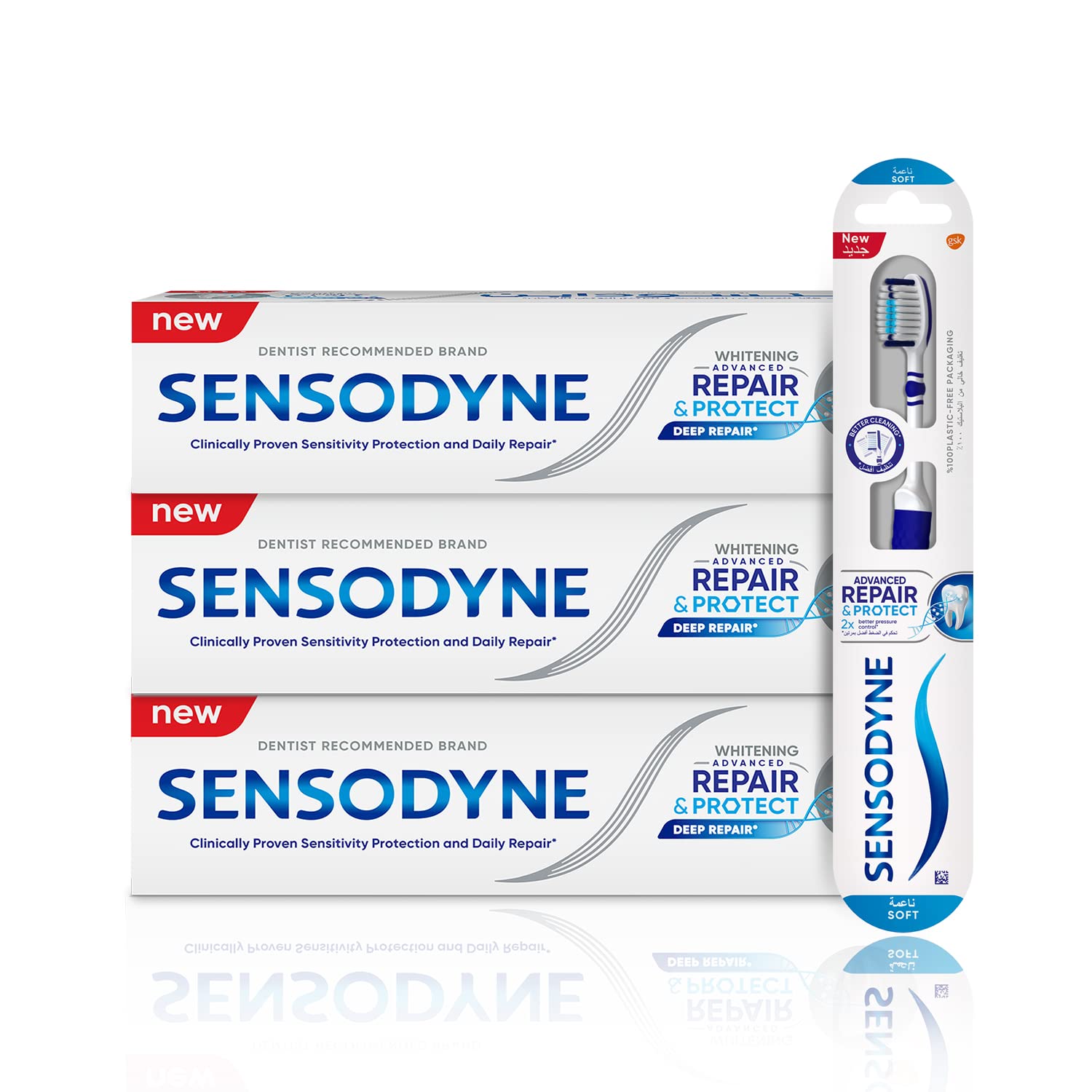 SensodyneToothpaste and Toothbrush, Family Pack, Teeth Whitening Toothpaste, Repair & Protect, Deep Repair, Regime Kit, 3 Toothpaste and 1 Toothbrush, 75 ml X 3, 1 Tootphaste