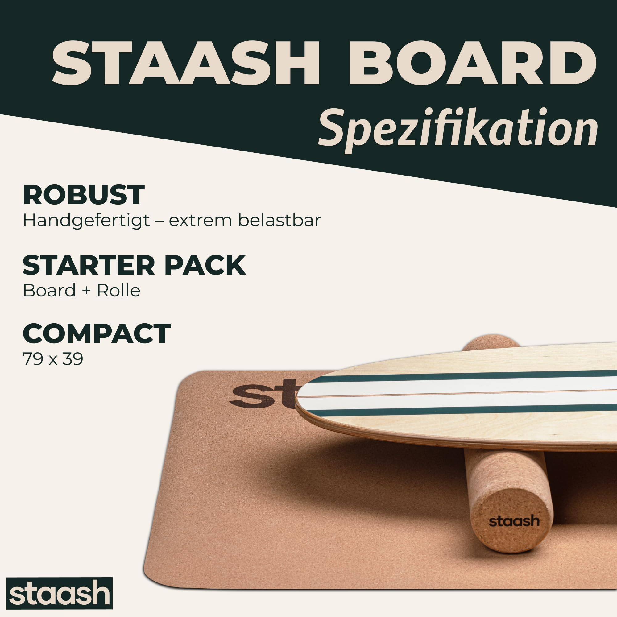 STAASH® Balance Board Holz – Pro Gleichgewichtstrainer inkl. Schutzmatte, Rolle, Halbkugel & Korkball + Videokurs – Indoor-Surfen & Stabilitätstraining