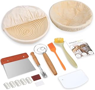 Banneton Bread Proofing Basket Set of 2 9 inch Round Dough Proofing Basket，Sourdough Starter Kit with Linen Liner, Lame, Dough Whisk,Complete Sourdough Bread Baking Supplies