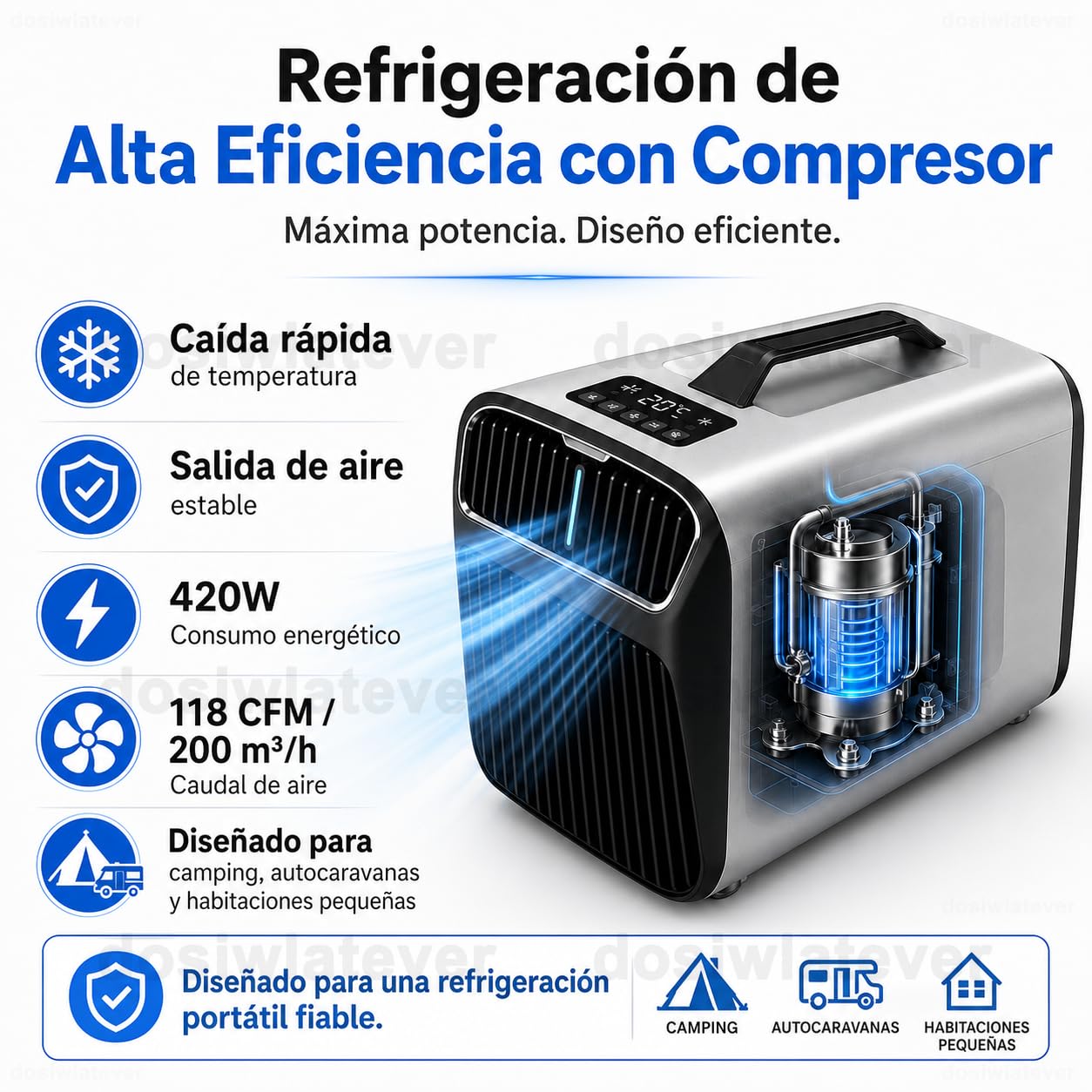 Aire Acondicionado Portatil 12V 24V para Caravana y Camping, 5200 BTU, 4 Modos Frío/Ventilador/Deshumidificación/Sueño, Temporizador 24h, Mando, para Casa, Coche, Camper y Viajes Cortos Silver-220V