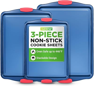 NutriChef Baking Sheet Set - 3 Piece Nonstick Cookie Sheets & Baking Pan Set, Carbon Steel Bakeware with Silicone Handles for Roasting, Meal Prep & Sheet Pan Dinners