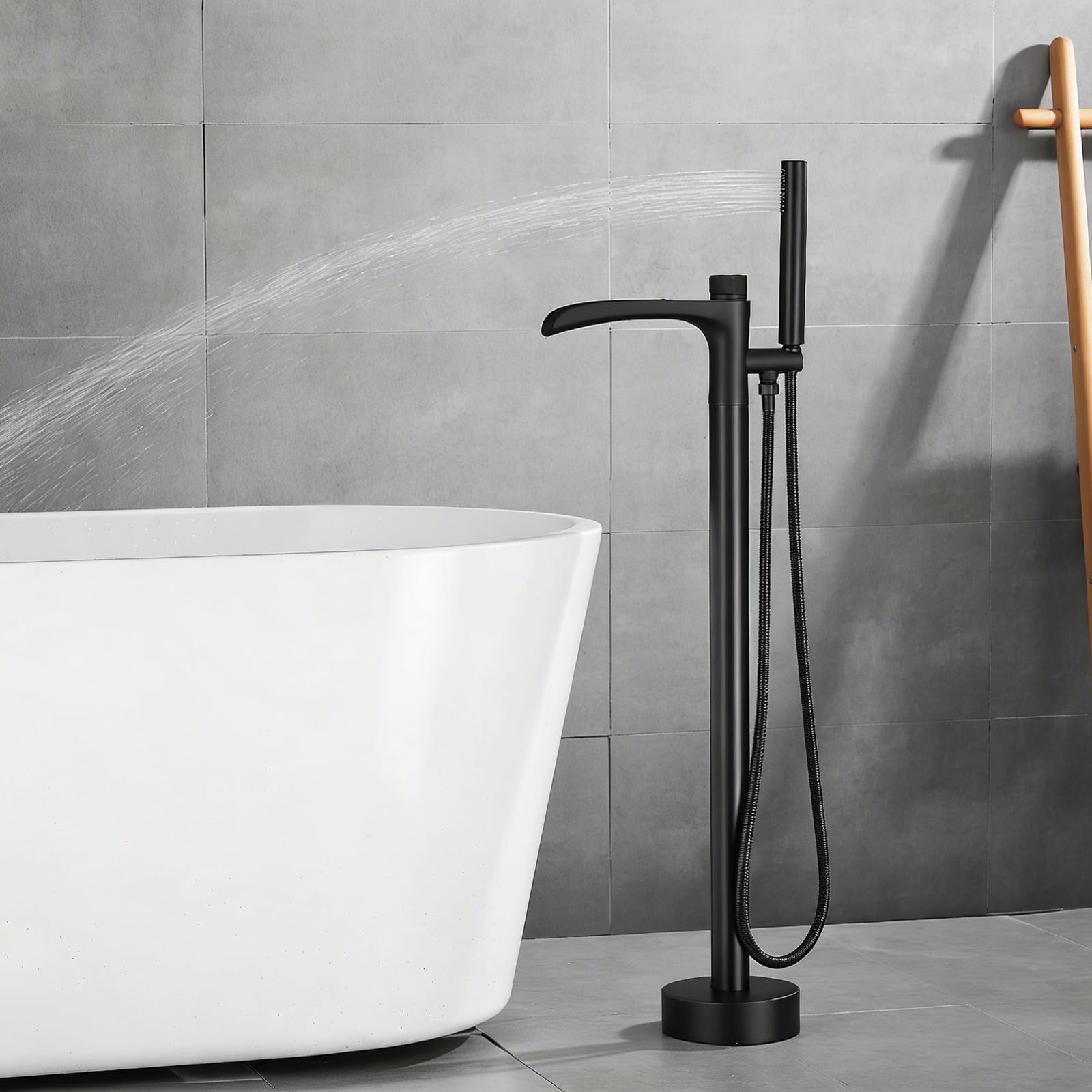Grifo Mezclador de Bañera Y Ducha Independiente Color Negro con Agua Caliente Y Fría Y Función de Cascada Incluye Ducha de Mano Y Un Solo Mando