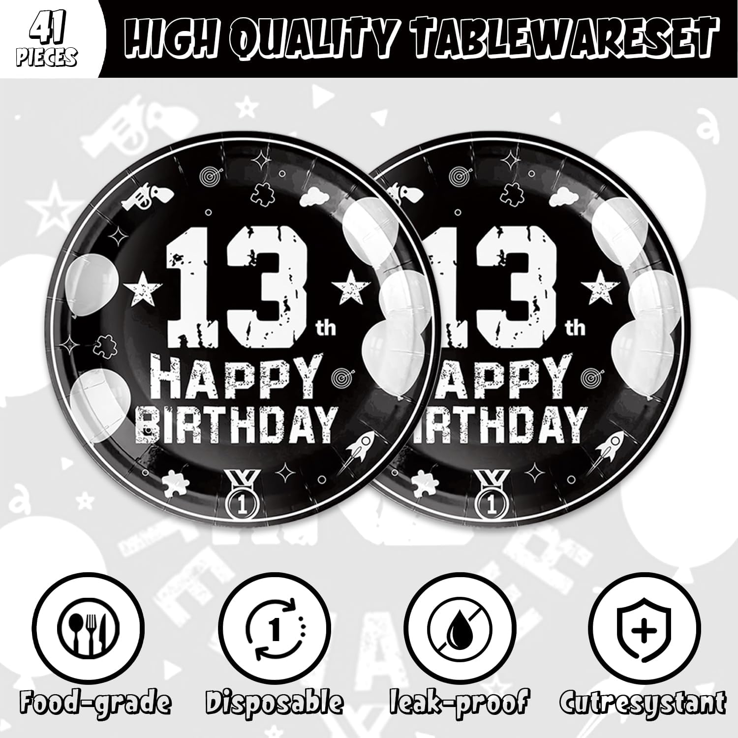 41pcs 13th Party Supplies - 20 Dessert Plates, 20 Napkins, 1 Tablecloth for Black Silver Birthday Party Decoration