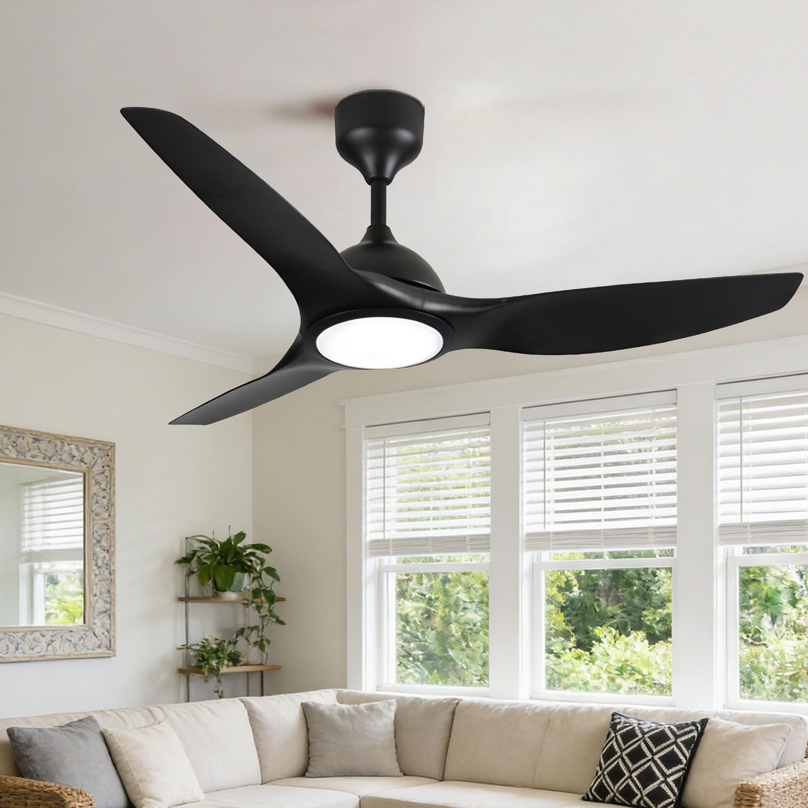 KXEcoLife 52in Quiet Ceiling Fans with Dimmable LED Light Black Smart Fan Remote/APP/Voice Control, 6 Speeds Modern for Bedroom Dining Room Living