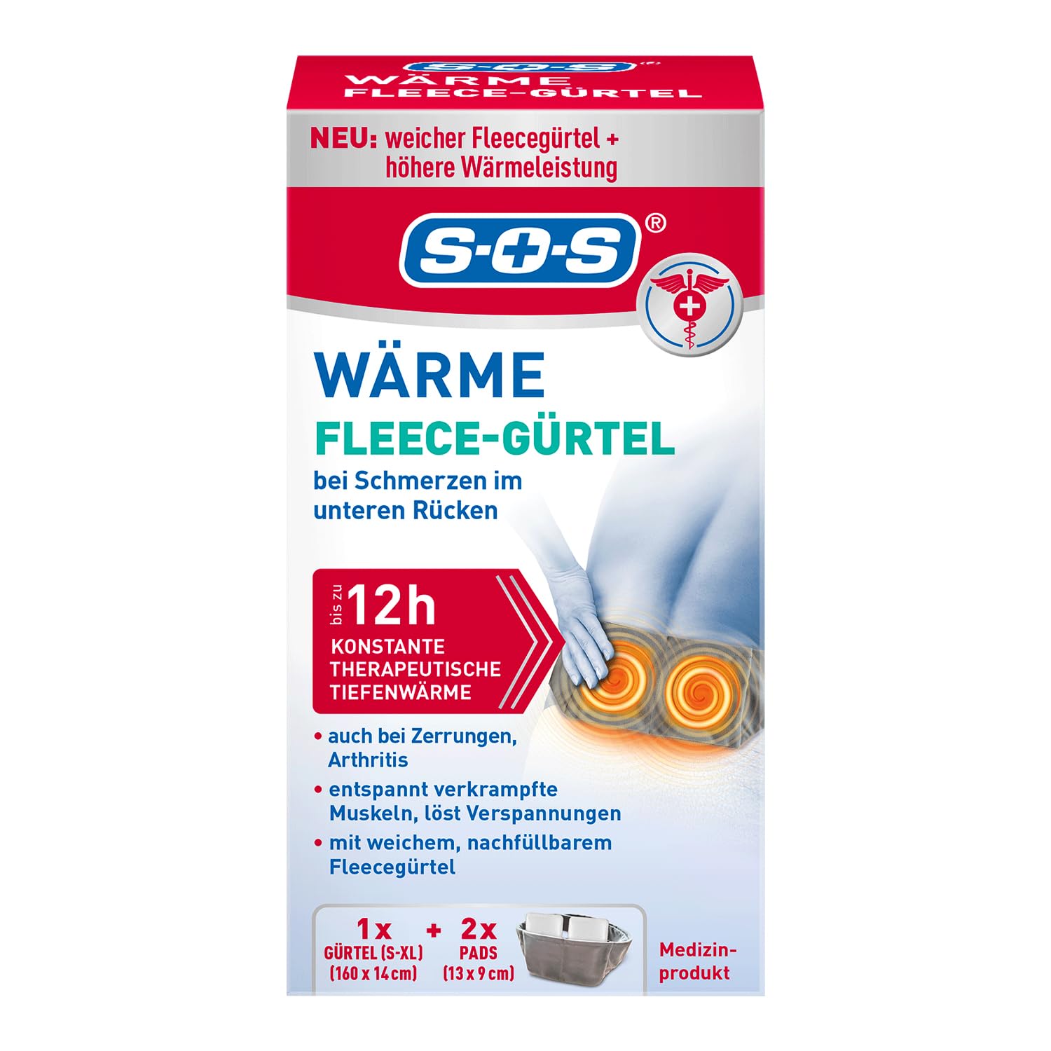 SOS Wärme Fleece-Gürtel (1x Gürtel + 2 Wärmepads) für Lenden- & Hüftbereich – Lindert Schmerzen, Verspannungen und Verkrampfungen – Waschbar – Bis zu 12 Stunden therapeutische Tiefenwärme Drogerie & Körperpflege