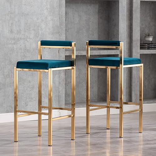 Miniatura 6 de Juego de 4 taburetes de bar verde azulado de 30 pulgadas, taburetes de bar de terciopelo de metal con respaldo de sillas de isla de cocina para el