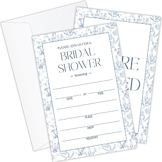 Bridal Shower Invitation With Envelopes for Mr & Mrs, 25 Sets Fill in Blue Floral Invites Perfect for Bridal Showers, Engagement, Weddings Party -01
