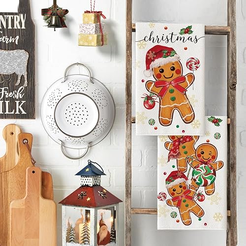 Miniatura 3 de Artoid Mode Juego de 2 toallas de cocina de Navidad con caramelo de jengibre, 18 x 26 pulgadas, bola de Navidad, decoración de invierno, toallas de