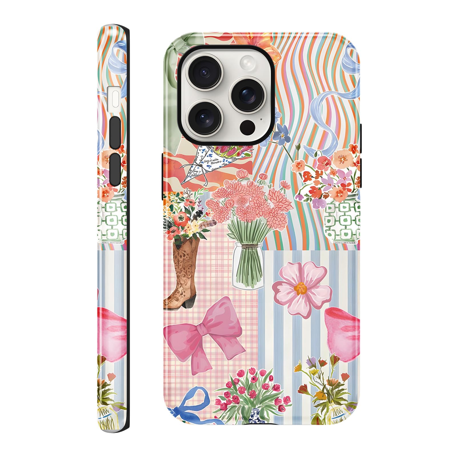 lioscre Case Compatible with for iPhone 15 Pro 6.1'', Pink Bow Ribbon Flower Boots Aesthetic Cute Protective Phone Case, Trendy Scratch Resistant