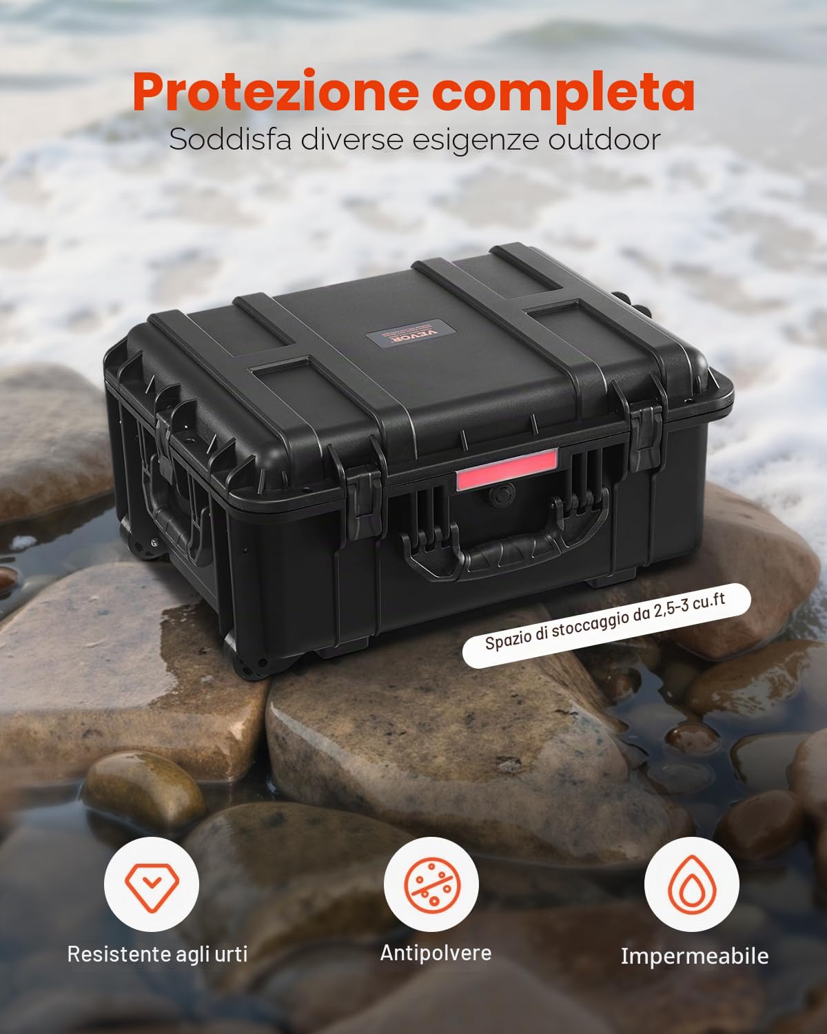 VEVOR Valigie Rigida Impermeabile 70,8 L, Custodia Protettiva Resistente alle Intemperie IP67 con 4 Clip, 4 Fori con Ruote Girevoli e Maniglia di Trazione Retrattile, per Lucchetto e Schiuma, Nero