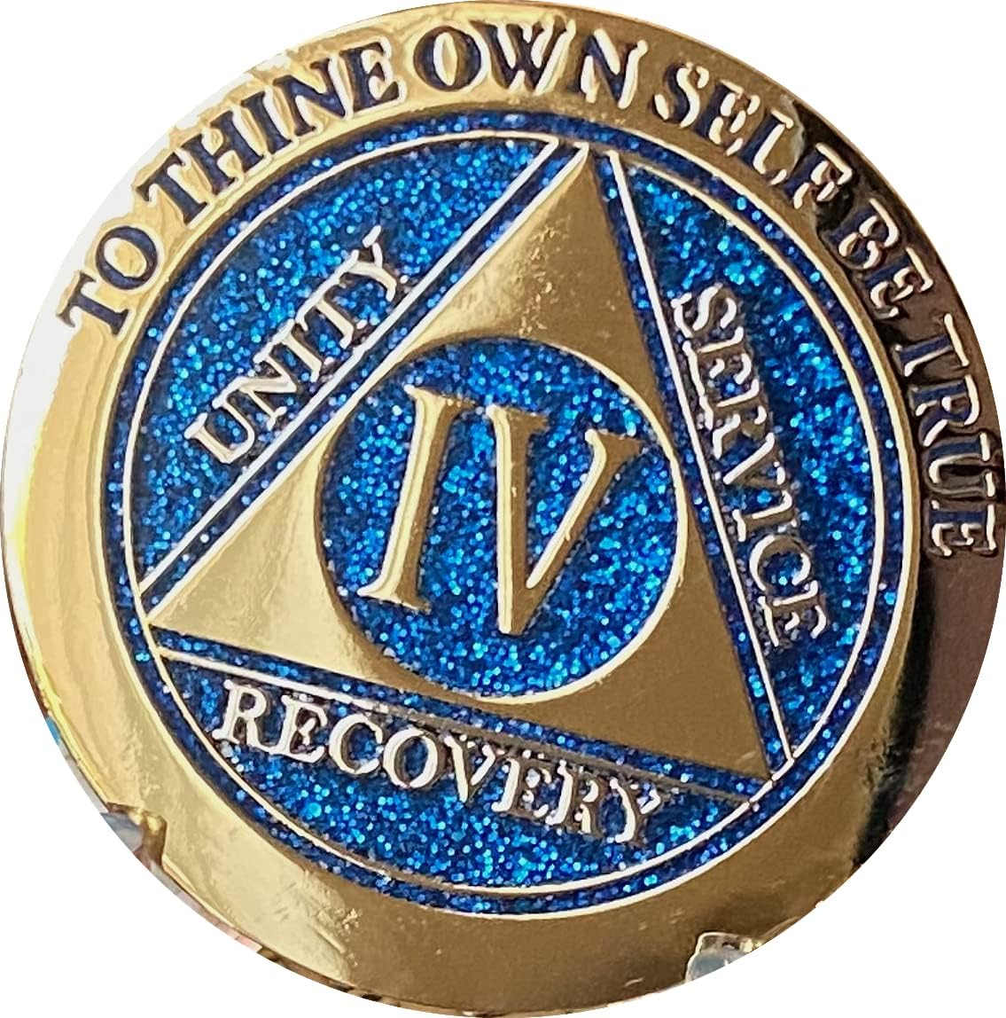 4 Year AA Medallion Elegant Blue Glitter Gold Sobriety Chip