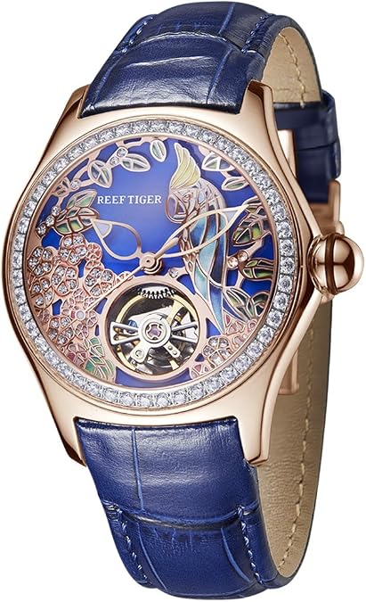REEF TIGER Womens Luxury Fashion Watches Waterproof Watches Diamonds Pink Dial Automatic Watches RGA7105