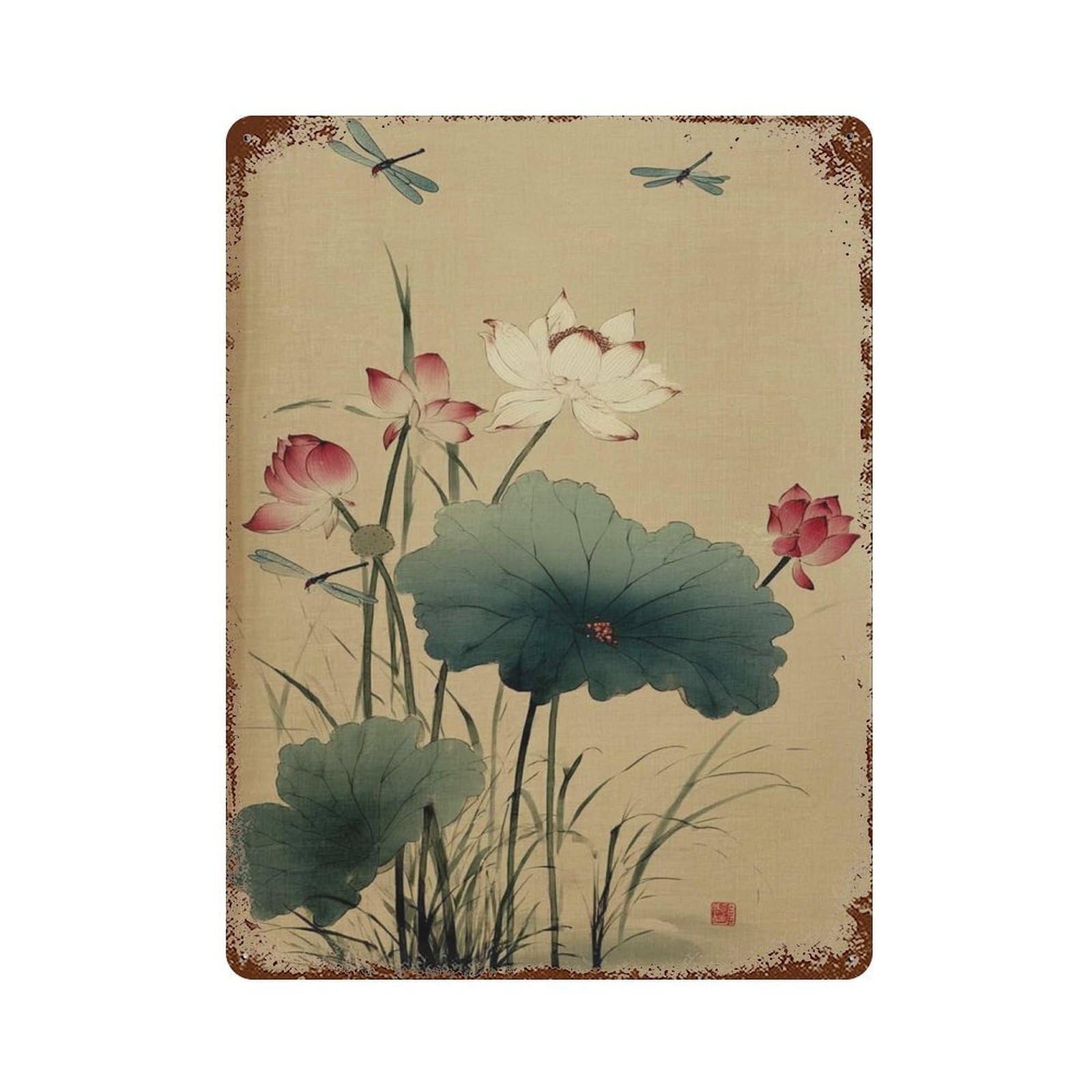 xiaoxiaoshen Lotus Japanese Botanical Dragonfly Nature Oriental Floral Painting Zen Asian Wor Wall Decor Art Metal Tin Poster Modern Home Decor Art Home Bar Shop Decorations Vintage Sign 40x30cm