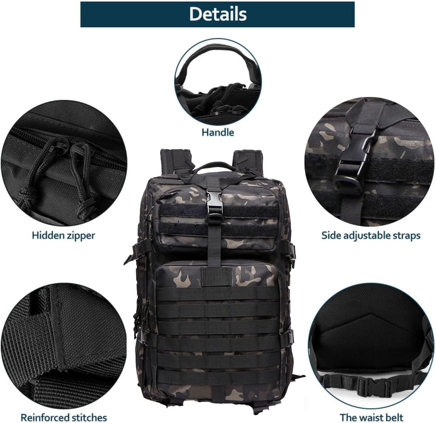 50L Sturdy Nylon Waterproof Fishing Hunting Backpack Outdoor Military Rucksacks Tactical Sports Camping Hiking Bags (Camo Black)