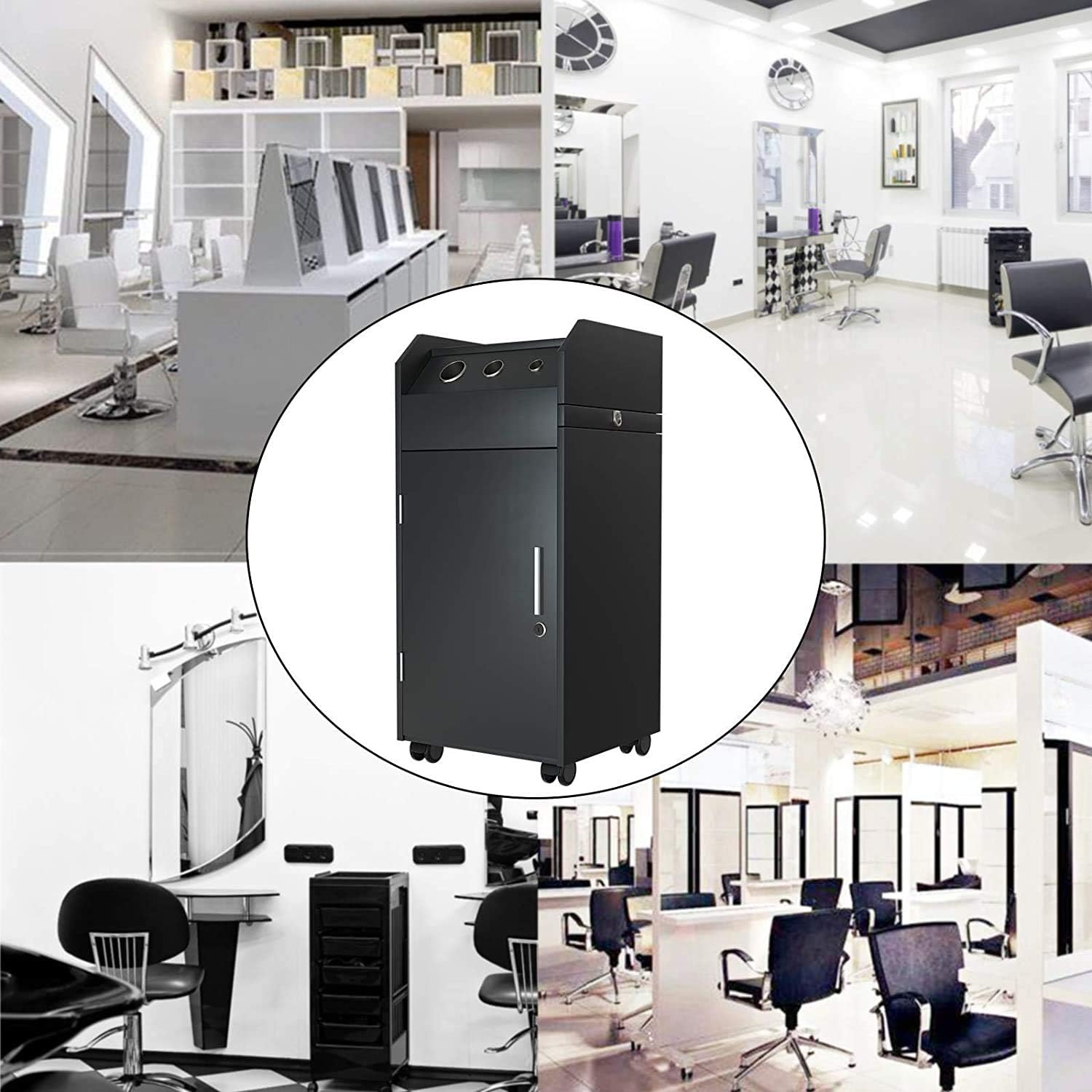 Beauty Trolley Storage Organizer with Salon Cart Hairdryer Holders, 4 Drawers Rolling Wheels, Black Lockable Spa Equipment Mobile Cabinet