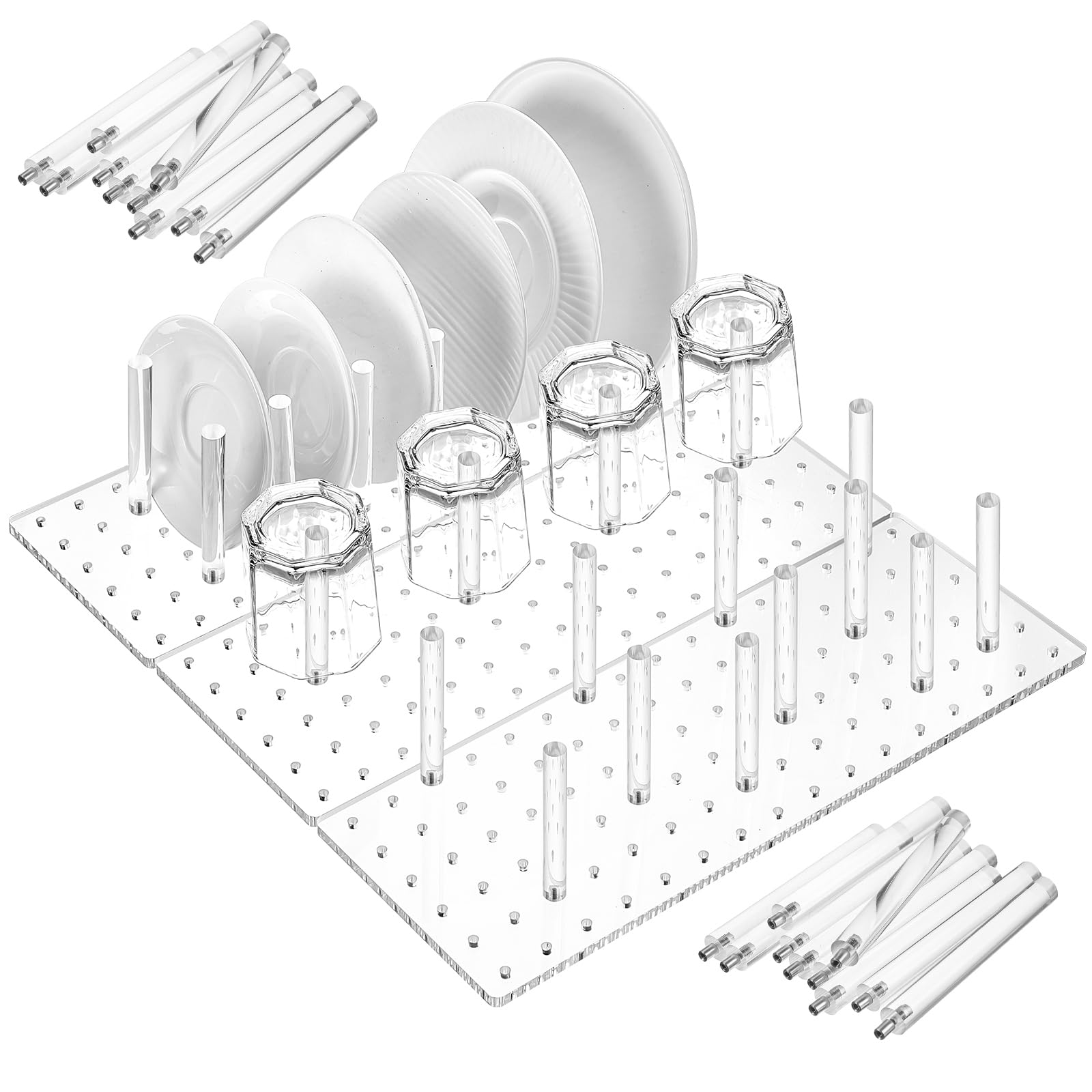 Kigley 3 Pcs Acrylic Pegboard Drawer Organizer with 32 Pegs - 16 x 5.91 in Clear Peg Board System - Drawer Organizers for Dishes, Food Containers, Cookware, Utensils - Kitchen
