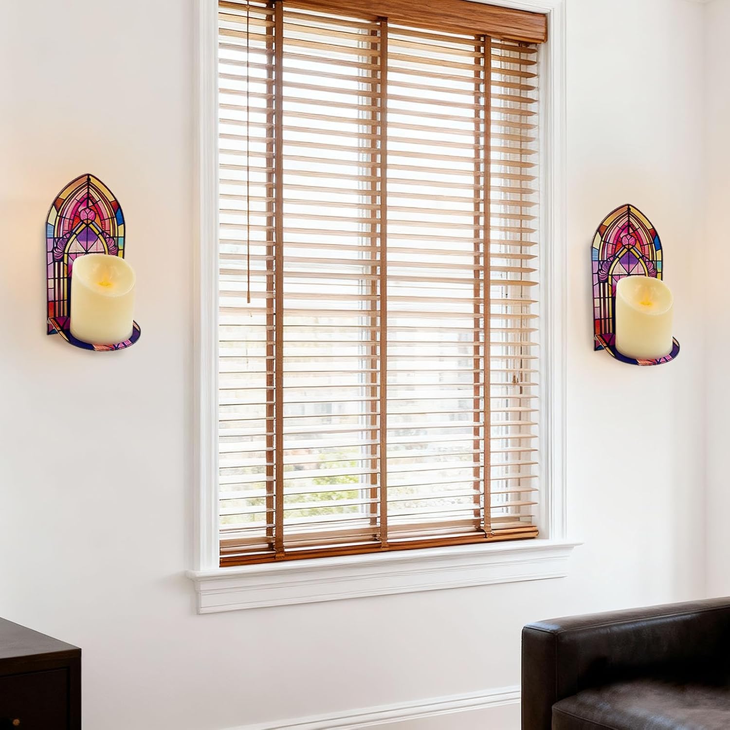 SNAIL GARDEN Acrylic Wall Candle Holder - with Stained-Glass Style, Vibrant Color Wall Candle Sconces Set of Two with Wider 3.9-inch Base, Candle Sconce for Home Decor, Church Window Aesthetic