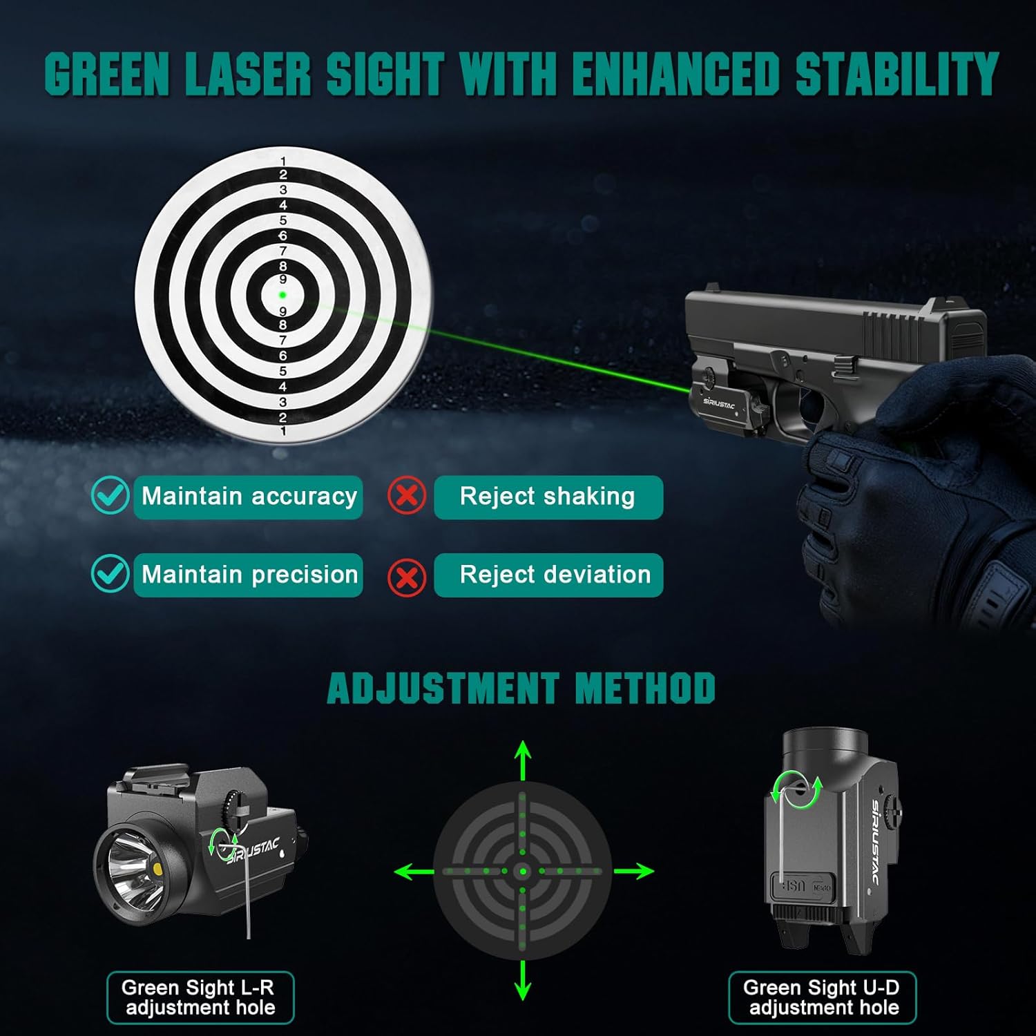PL20 Compact 1200 Lumens Tactical Weapon Light with Green Beam and White LED Combo, Rechargeable USB Rail Mount Flashlight Compatible with GL/1913 Picatinny for Pistols Handguns Rifles