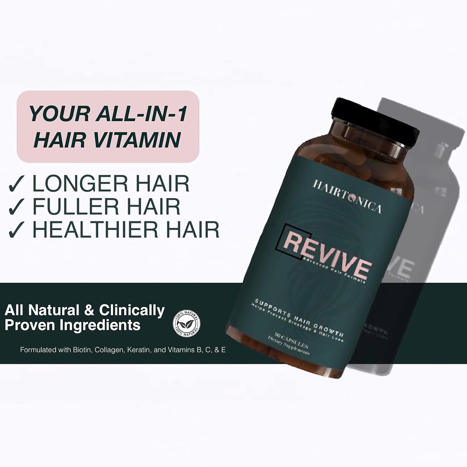 Vine Nutrition Hair Vitamins for Faster Hair Growth Hairtonica - Best Hair Growth Supplement - Support Hair Loss & Thinning Hair Growth Pills - Hair Supplement Biotin 5000mcg, MSM, Keratin 90 ct