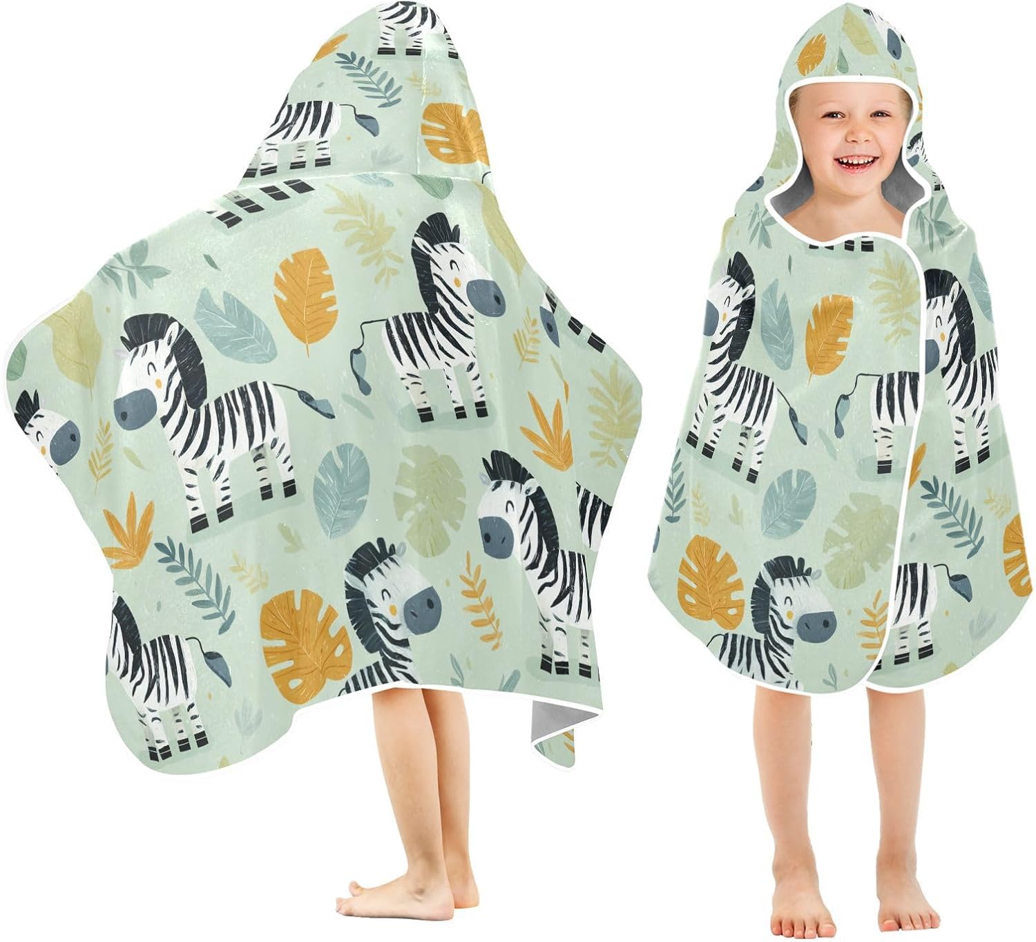 Kid Towels with Hood Funny Jungle Zebras Green Hooded Beach Bath Towel Soft
