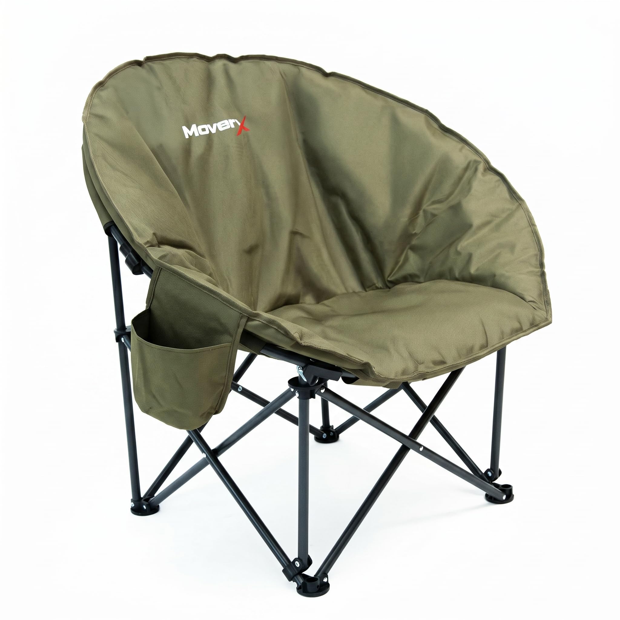 MoverX Lightweight Moon Camping Chair, Padded Armchair, Folding Chair for Adults, Foldable Garden Outdoor Picnic Festival Camp Chair, Comfy with Pocket, Steel Frame, Khaki