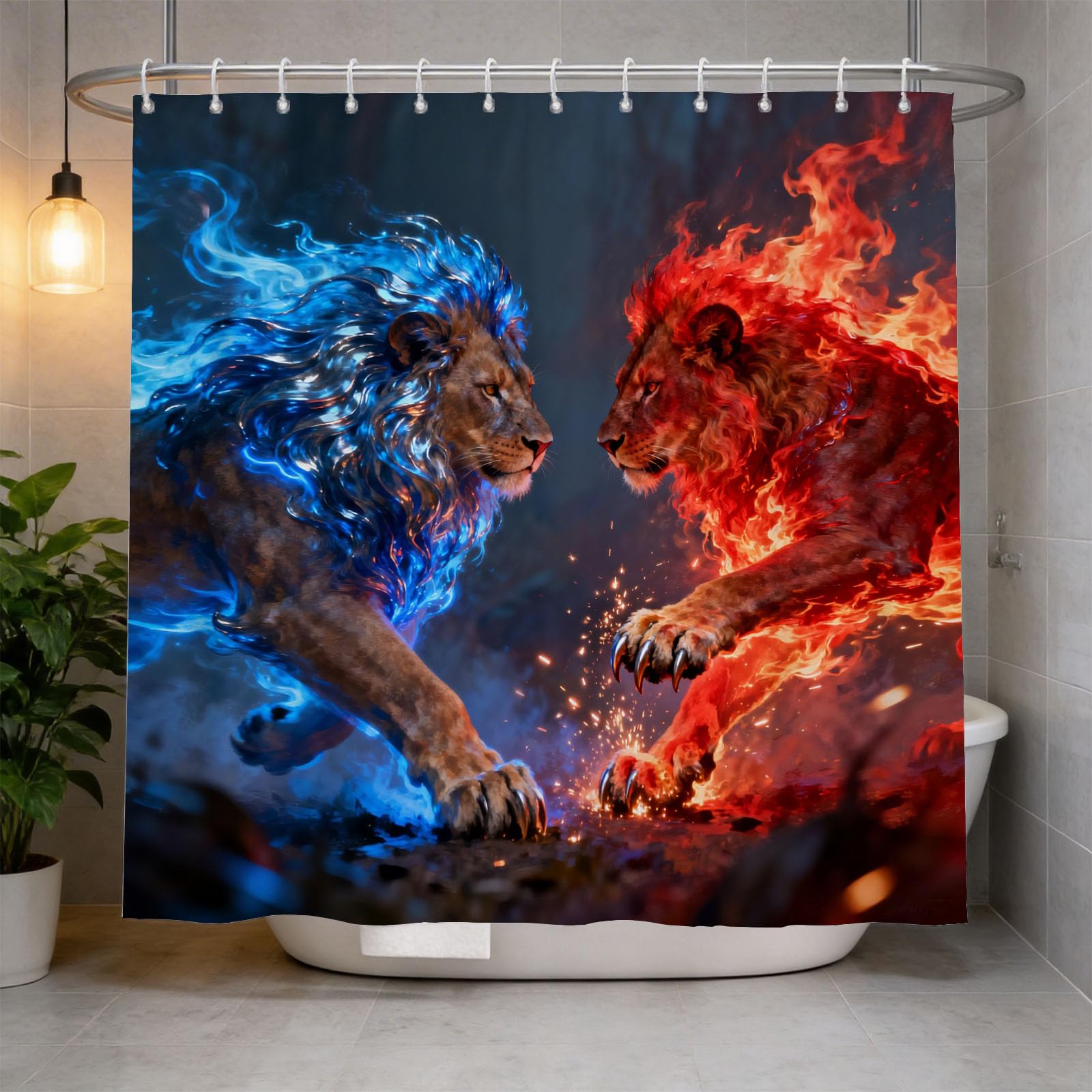 Hongduo 3D Lion Shower Curtain for Stalls Bathtubs Flame Animal Bathroom Decor Shower Curtain Set Polyester Fabric Waterproof 120x180cm/48X71 Inch with Hooks