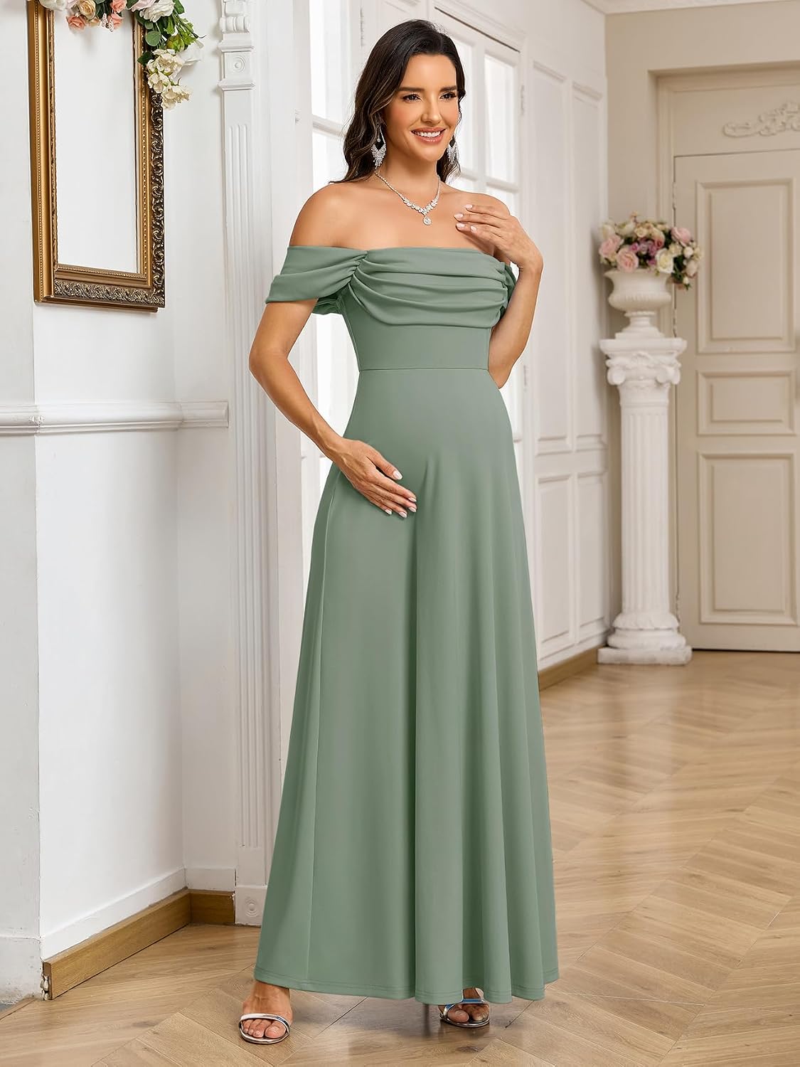 AISWI Off Shoulder Maternity Dress Formal Ruched A Line Elegant Maxi Gown Baby Shower Photography Wedding Guest