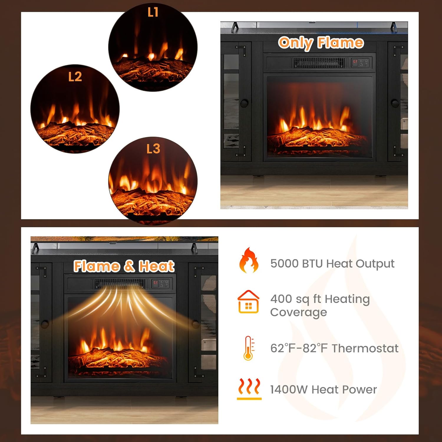 COSTWAY Electric Fireplace TV Stand for TVs up to 65-inch, 18-inch Fireplace Entertainment Center with Remote Control, Thermostat, TV Console with Adjustable Shelves for Living Room Bedroom, Black