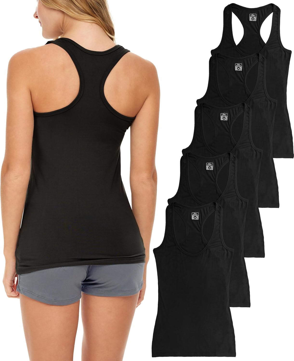 Sexy Basics Women's 5 Pack Racerback PowerFlex Tank Tops/Cotton -Spandex Stretch Color Tank Tops