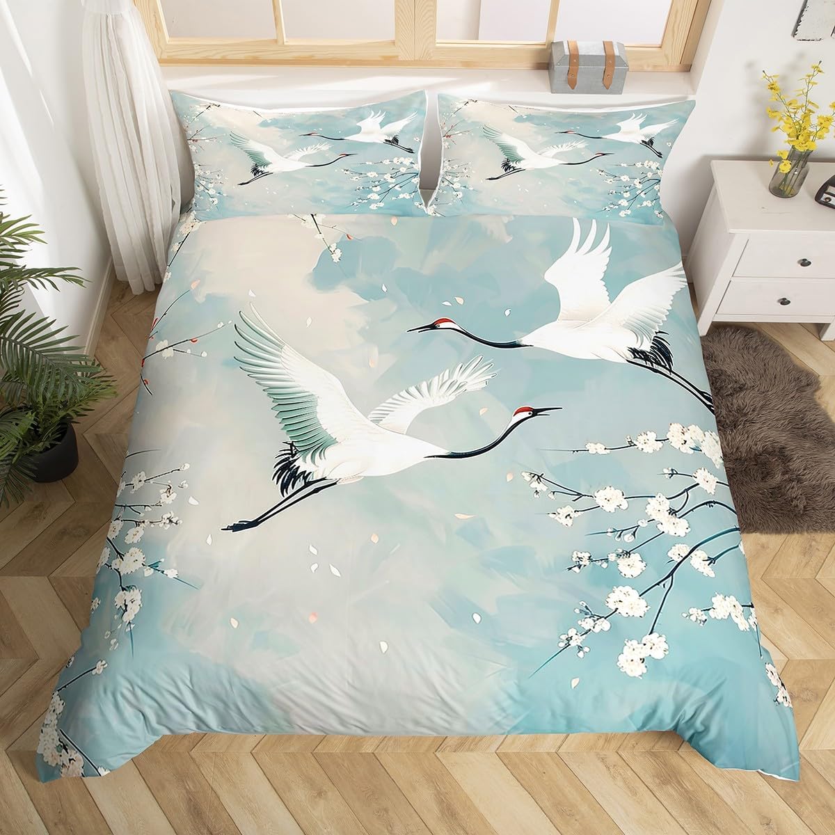 Erosebridal Japanese Crane Duvet Cover Queen for Kids Teens Adults,Cherry Blossom Bedding Set,Watercolor Floral Quilt Cover,Teal Gradient Bed Set with 2 Pillowcases Bedroom Decor