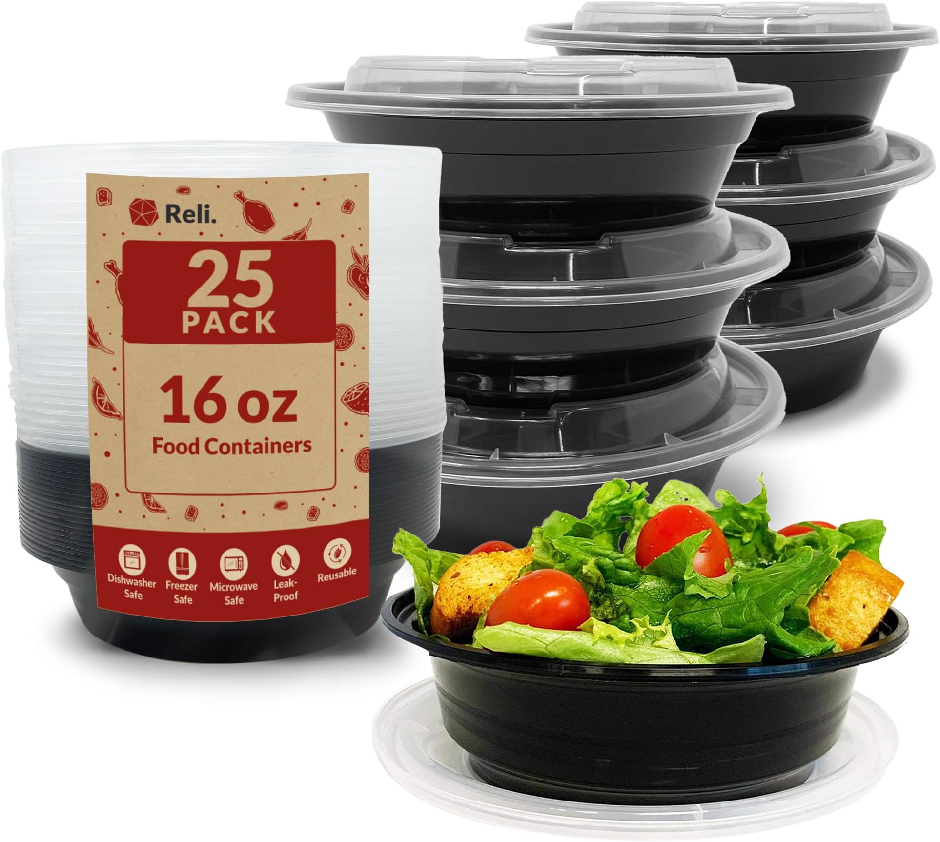 Reli. Meal Prep Container Bowls, 16 oz (25 Pack) Meal Prep Containers Reusable | Plastic Take Out Food Boxes, Microwavable Bowls with Lids | Disposable for Takeout, To Go, Leftover