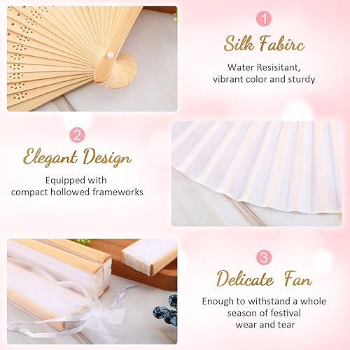 Miniatura 2 de Chunful 60 abanicos de mano plegables de seda con funda de tela, abanicos de mano plegados de bambú para invitados de boda, despedida de soltera,