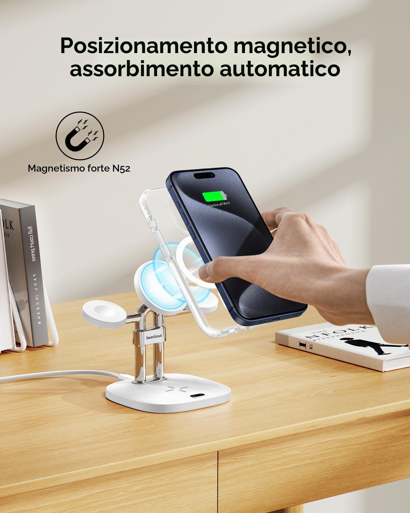 Caricabatterie Doppio per Apple Watch 11/Ultra 3/SE 3, Caricatore Wireless per iPhone Air/17 Pro Max/17 Pro/17/16/15/14, Stazione Ricarica per Apple Watch 10/9/8/7/6/Airpods, SwanScout 709M