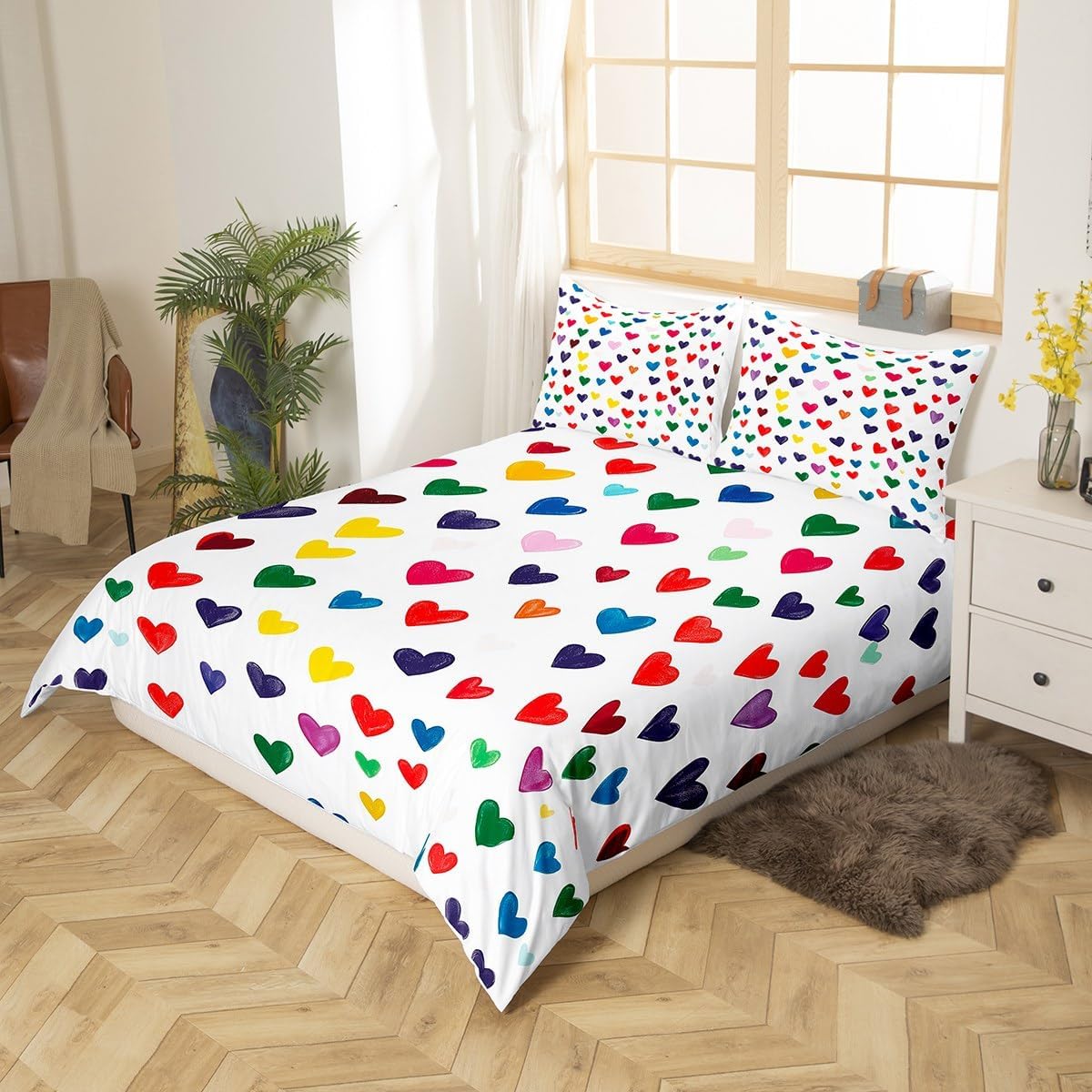 Manfei Love Duvet Cover Set Toddler Size,Colorful Cartoon Heart Bedding Set for Boys Teens,Kids Girl Toddler Watercolor Love Comforter Cover,Hand Drawn Themed Bedding Set 2 Pcs with 1 Pillowcase