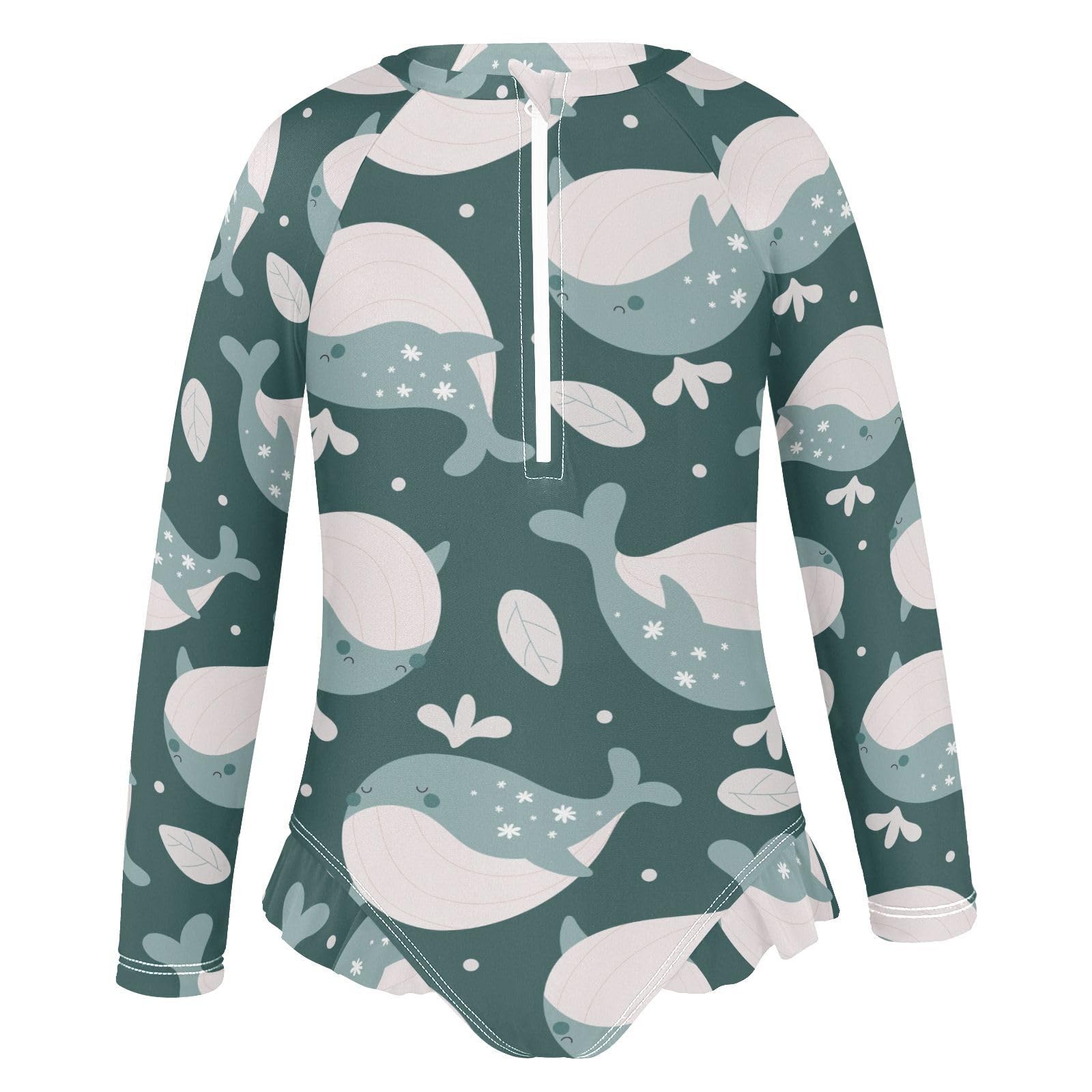 Ollabaky Baby Girls Long Sleeve Swimsuit Cartoon Whale Animal One Piece Bathing Suit Rash Guard UPF50+ Toddler Girl Swimwear, 5-6T Multi