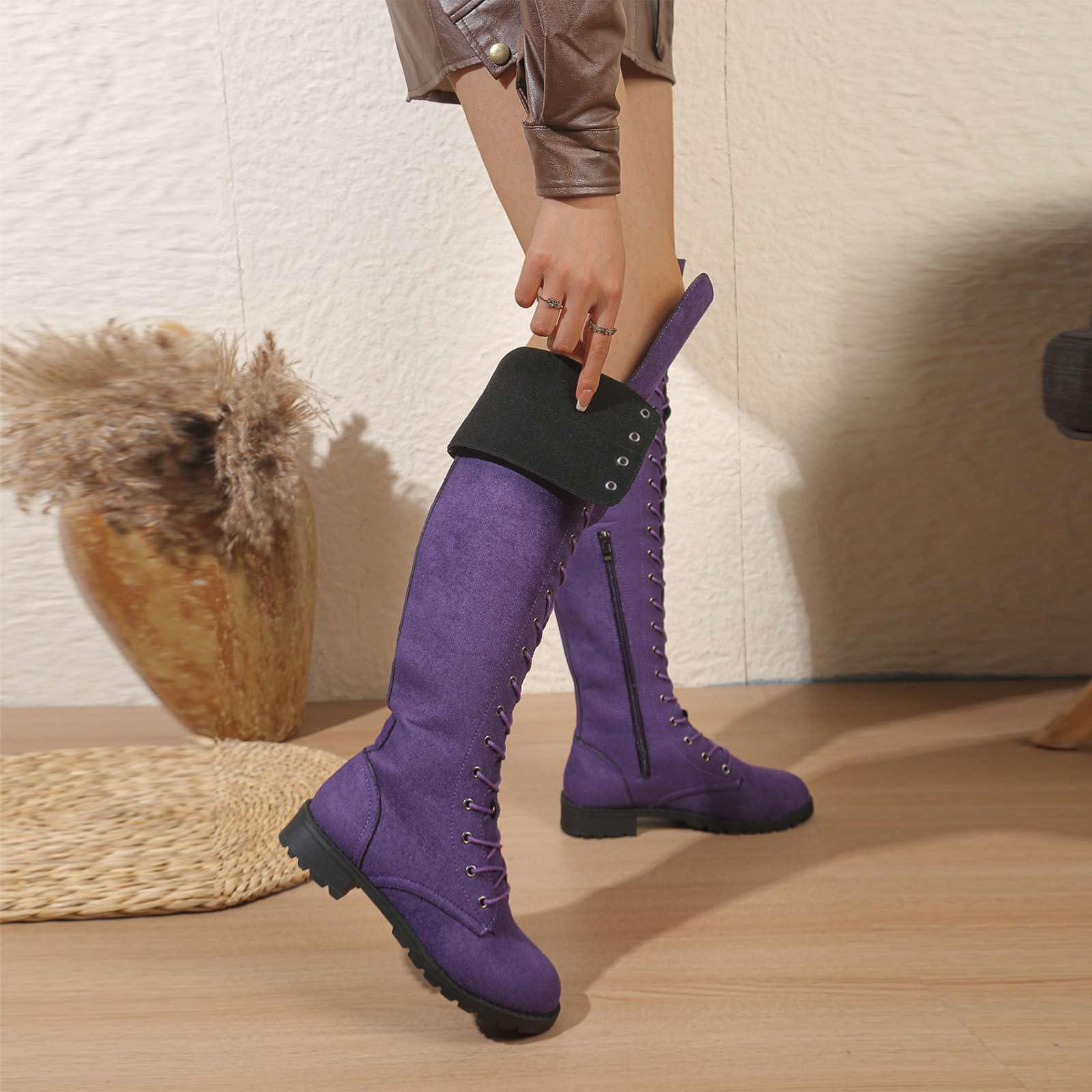 Overknee Stiefel Damen Schnürstiefel Weitschaftstiefel Herbst Flach | Langschaftstiefel Schaftweite Verstellbar Wildlederoptik Reißverschluss Blockabsatz Flach Runde Zehenpartie Vintage Gothic