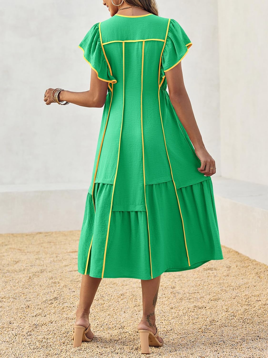 Wenrine Womens Summer V Neck Midi Dress Casual Ruffle Sleeve Contrast Color Loose Fit Flowy Long Dresses Green - Image 4