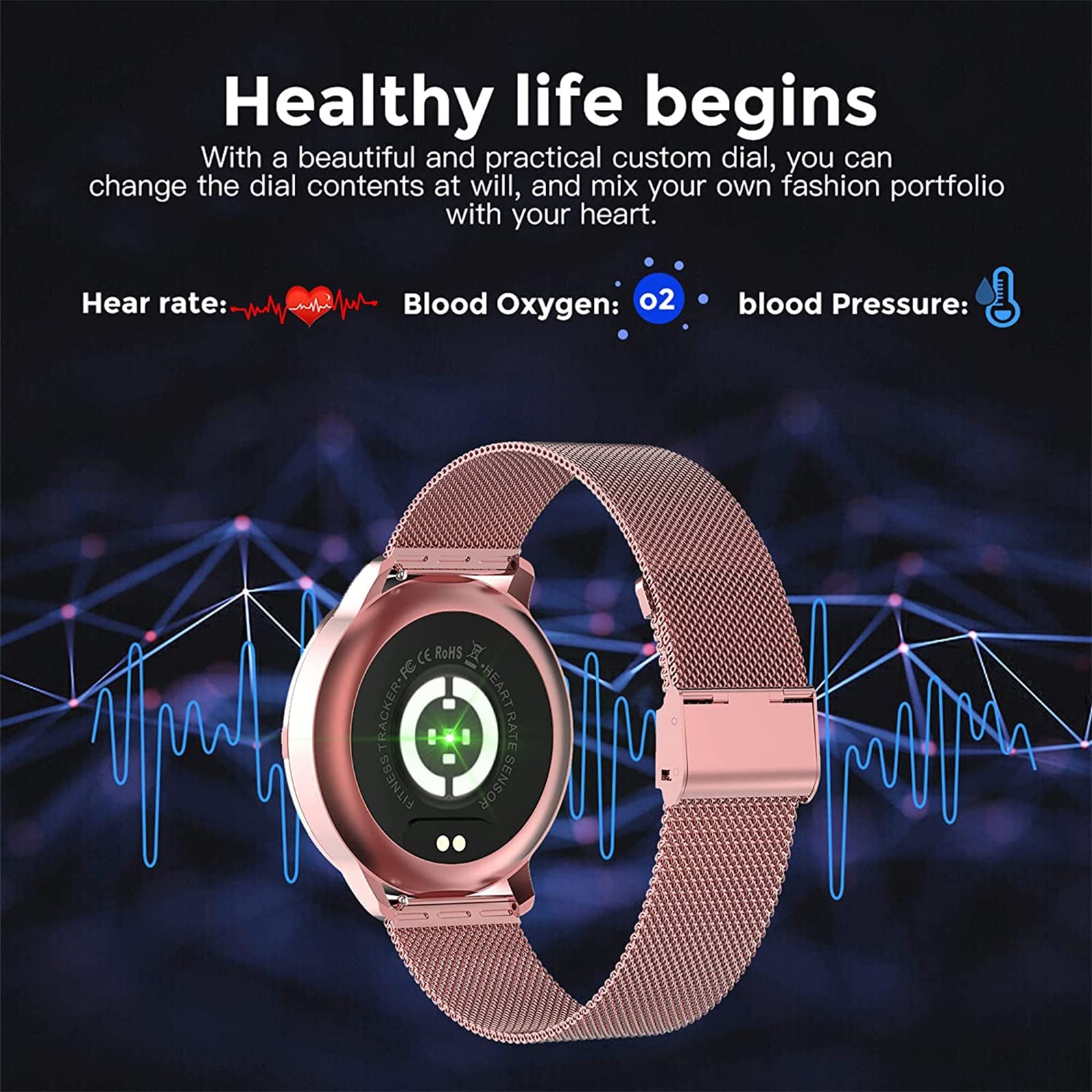 Damski wodoodporny inteligentny zegarek, 1,3'' pełny dotykowy zegarek fitness ze śledzeniem zdrowia kobiet, pulsometr, sportowy smartwatch outdoorowy do telefonów z systemem Android iOS, czarny