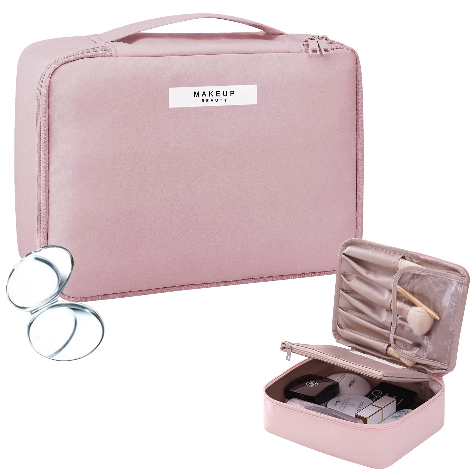 Beauty Case Donna Trucchi Specchio con Double Face Tascabile Pieghevole, Toiletry Make Up Bag per Ragazze, Organizer Cosmetici per Borsa Porta Trucchi da Viaggio Rose