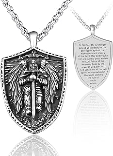 St Michael the Archangel Necklace, Stainless Steel Saint Michael Medal Pendant with Bible Verse Amulet for Men Women