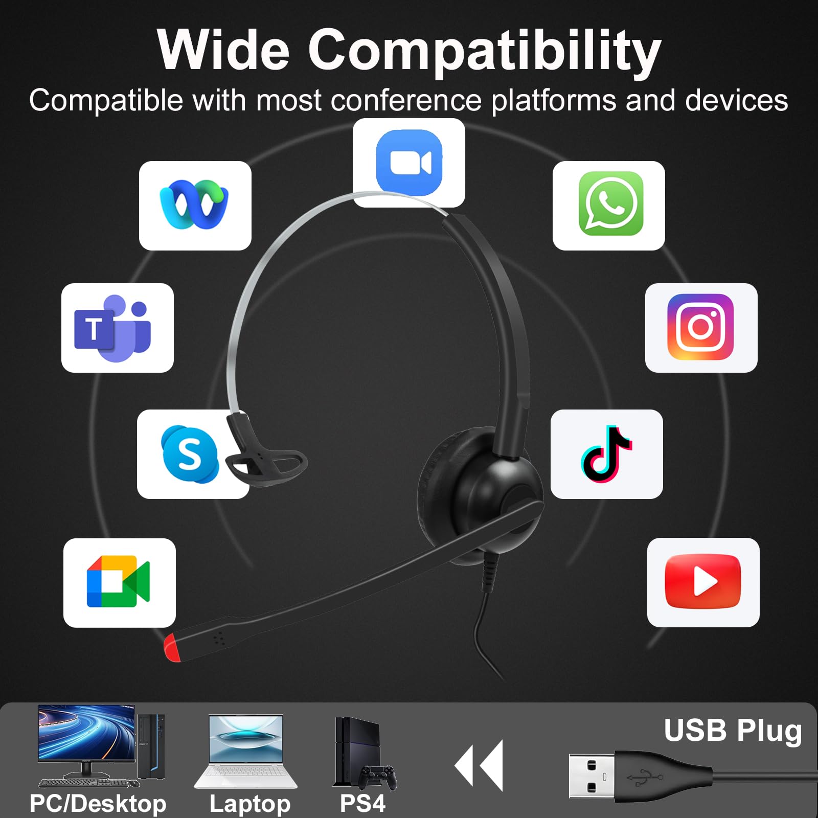 Callez Casque USB avec microphone antibruit, casque monaural pour ordinateur avec contrôle du volume et sourdine, casque de bureau filaire léger pour PC, ordinateur portable, zoom, équipes, Skype