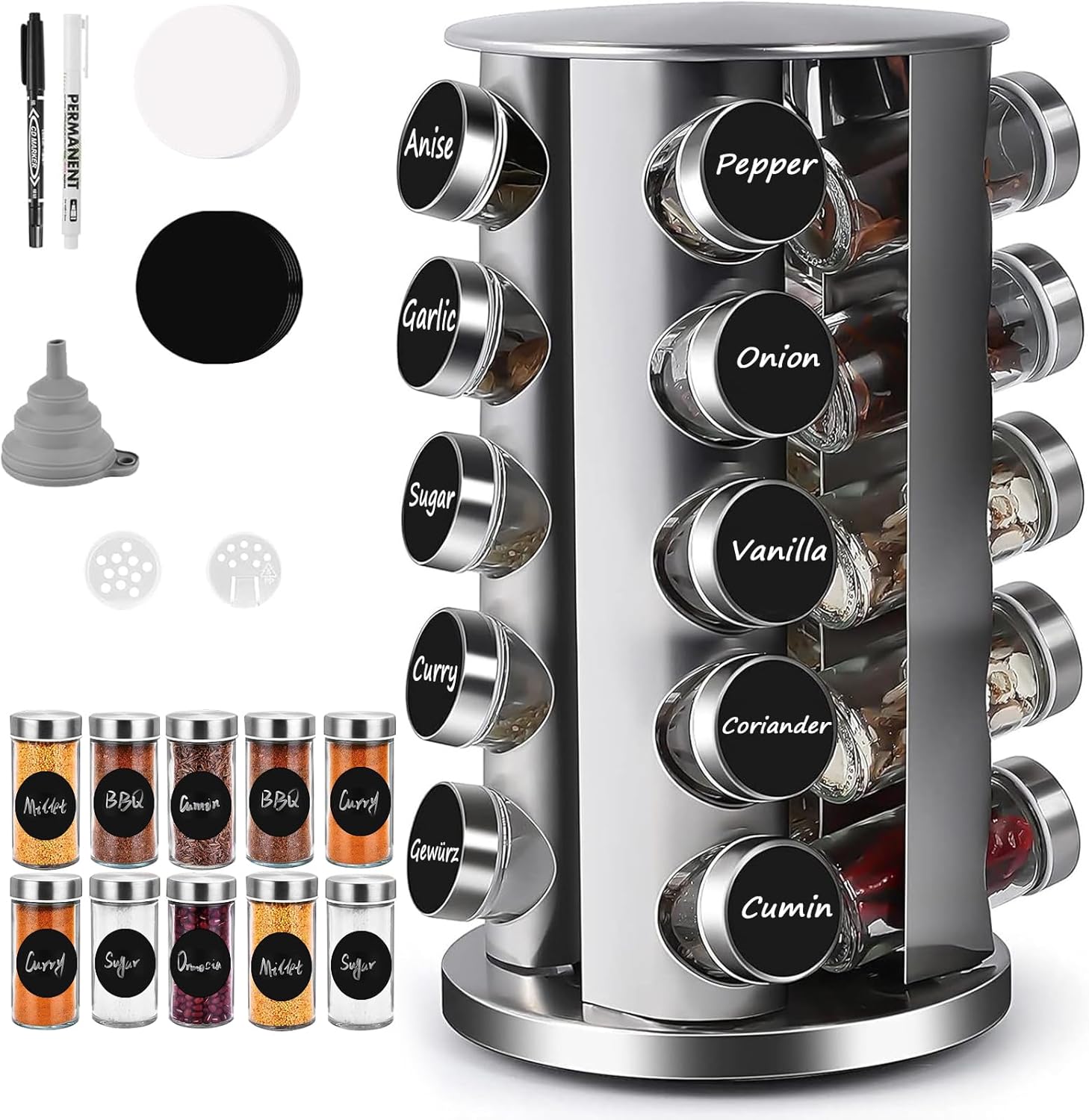Asueilc Spice Rack with 20 Spice Jars, 360° Rotating Stainless Steel
