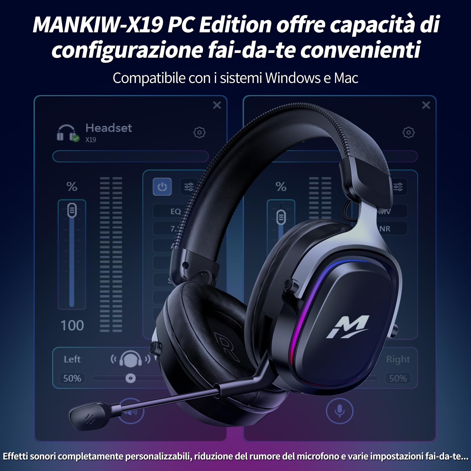 MANKIW Cuffie Gaming Wireless per PS5/PS4/PC/Switch, 2.4G & Bluetooth 6.0, Cuffie Wireless con Surround Sound 7.1, Microfono Noise Cancelling, RGB, Batteria 60+ Ore, Driver da 50 mm