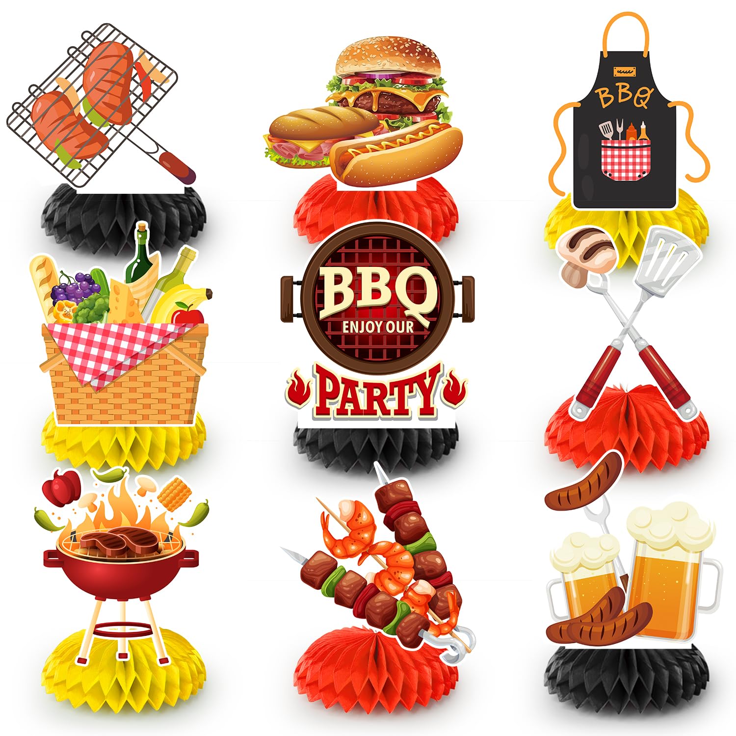 9pcs BBQ Baby Shower Centerpieces, Summer BBQ Centerpieces Summer BBQ Table Decorations BBQ Honeycomb Centerpieces for Picnic Party Decorations
