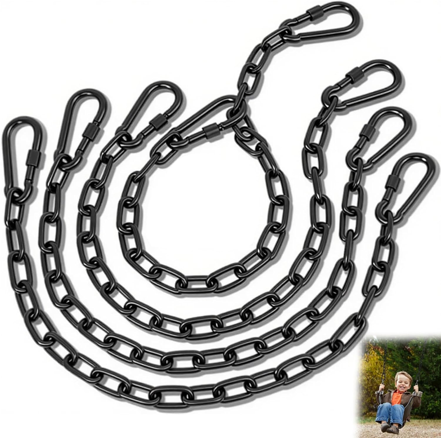 YOSE 4 Pack 25in Heavy Duty Swing Chains with 8 Carabiners, Black Stainless Steel Hanging Chains with Hooks for Hammock Chair, Porch Swing, Hanging Basket, Gym, 1200LB Capacity