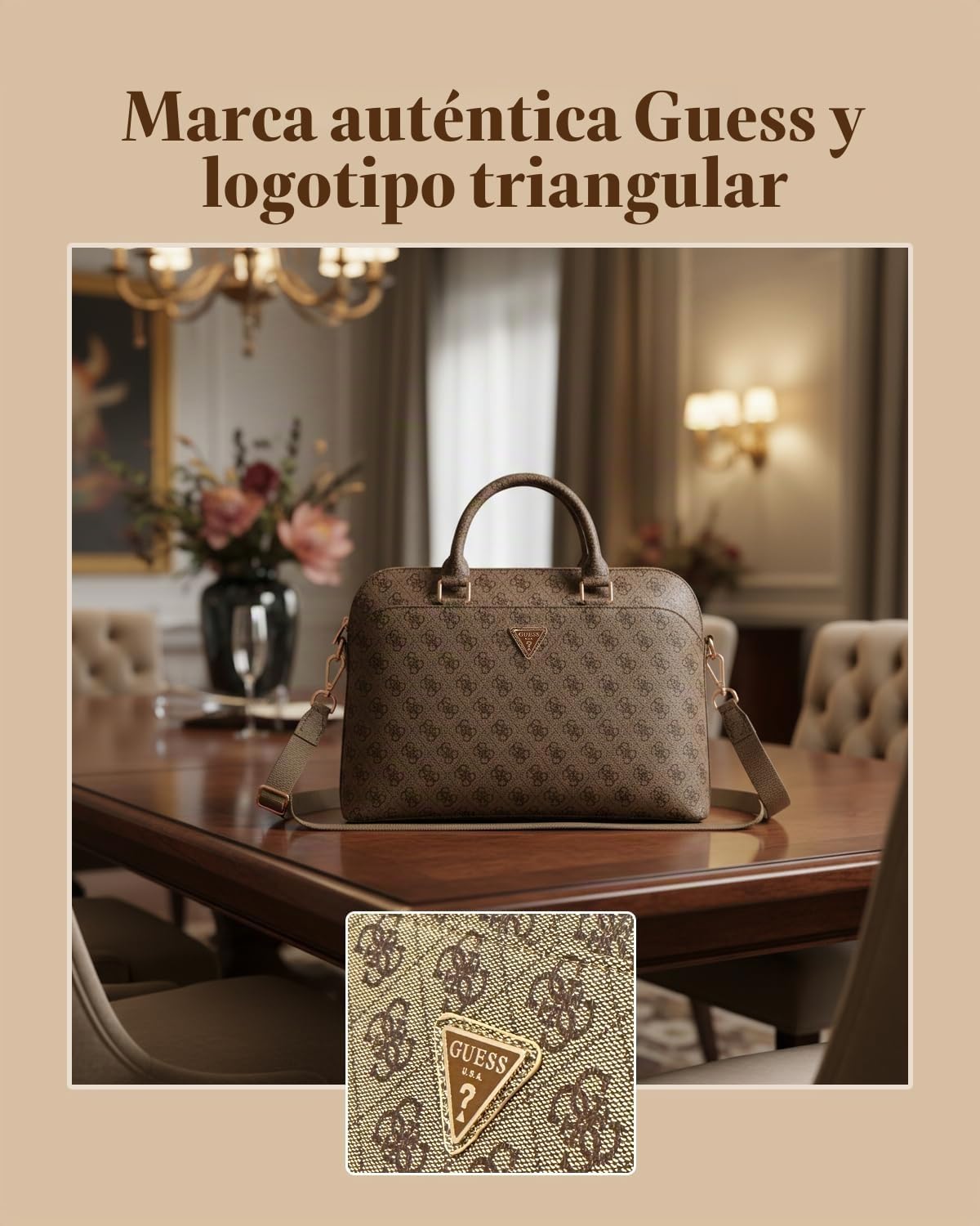 CG MOBILE Funda para portátil Guess 4G con cremallera y logotipo triángulo de 15 pulgadas (marrón)